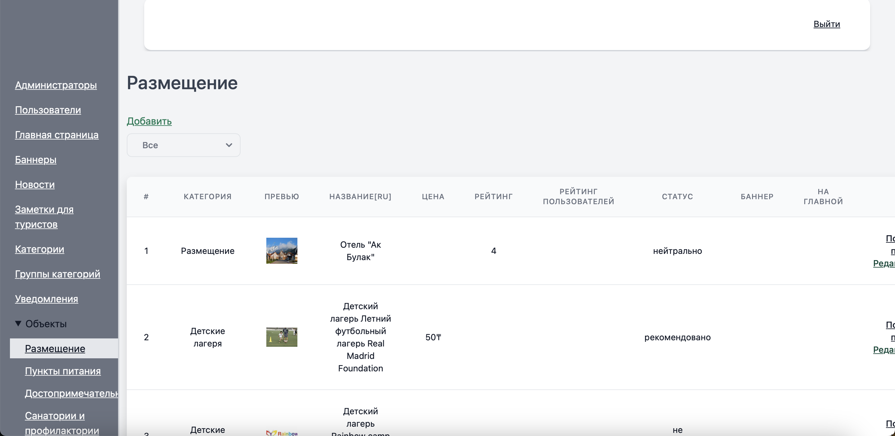 Laravel admin — Размещение (Accommodation) list with Categories sidebar (Administrators, Users, Main page, Banners, News, Notes for tourists, Categories, Category groups, Notifications, Objects)