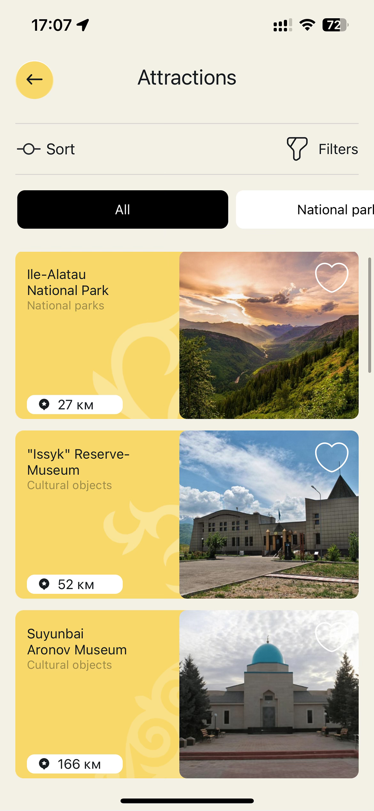 Attractions list — Ile-Alatau National Park, Issyk Reserve-Museum, Suyunbai Aronov Museum, with distance markers