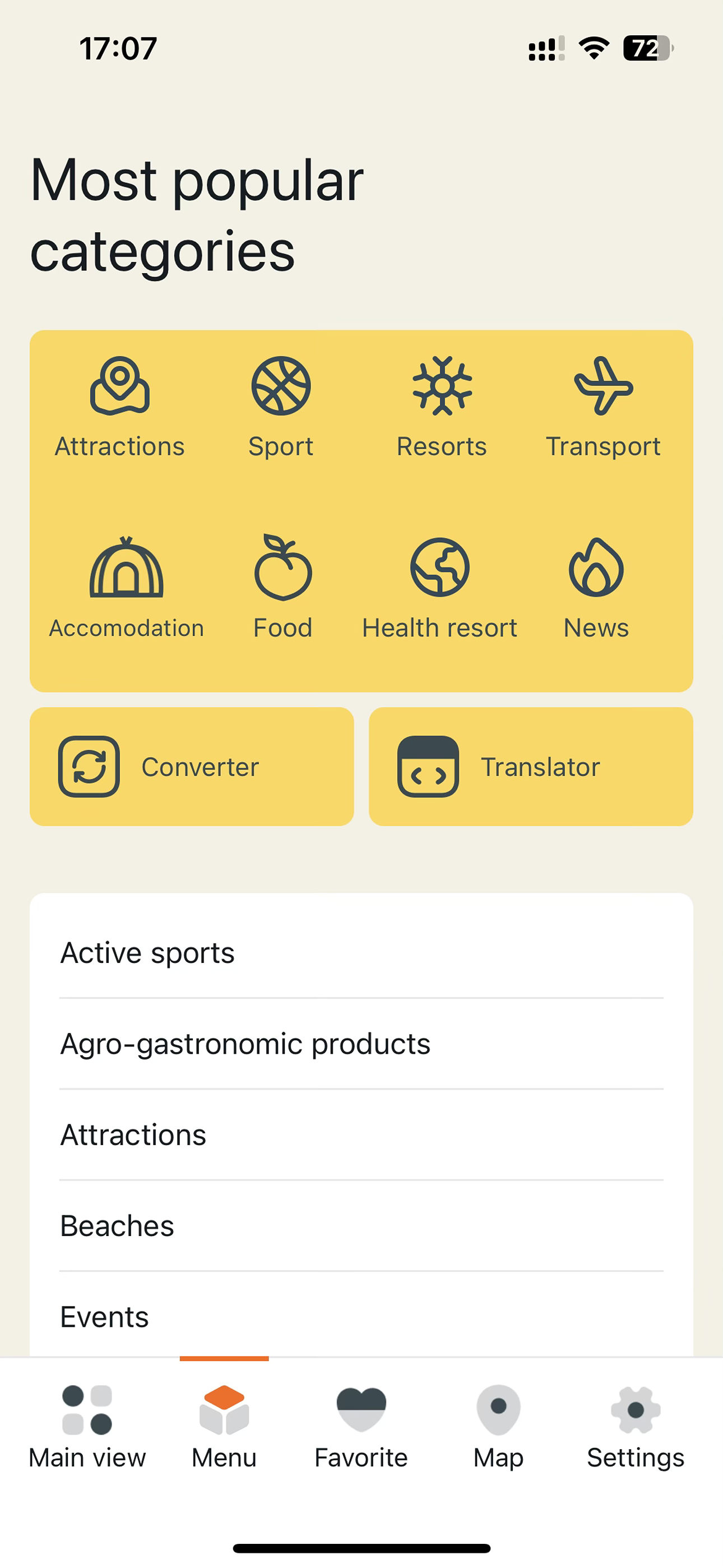 Most popular categories — Attractions, Sport, Resorts, Transport, Accommodation, Food, Health resort, News, plus Converter and Translator