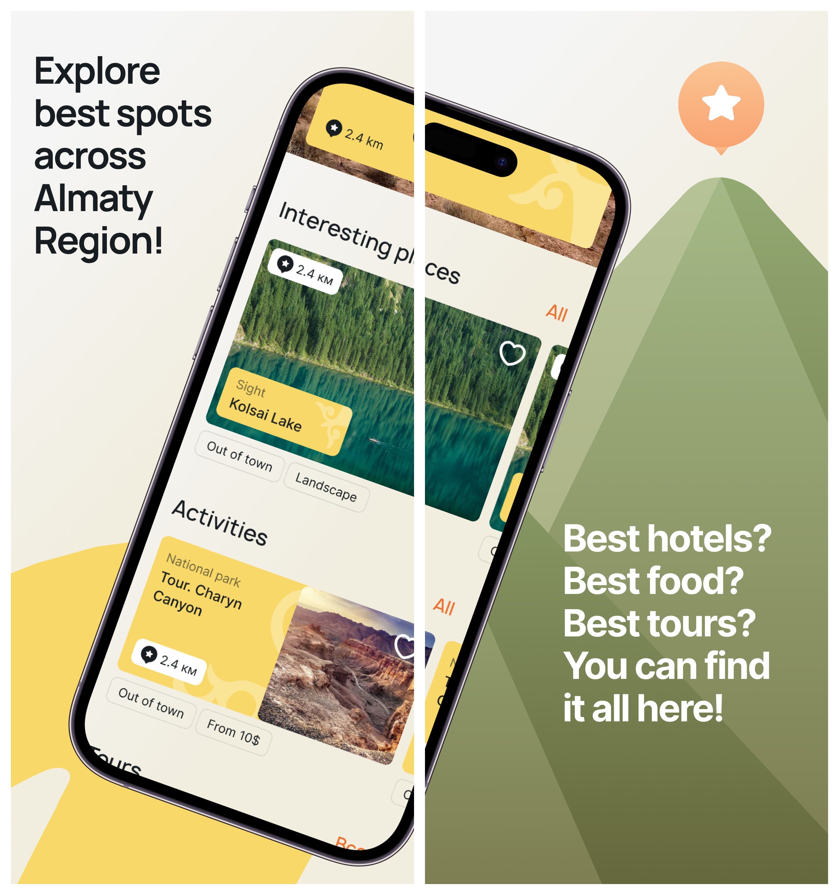 Marketing composite — ‘Explore best spots across Almaty Region!’ alongside ‘Best hotels? Best food? Best tours? You can find it all here!’