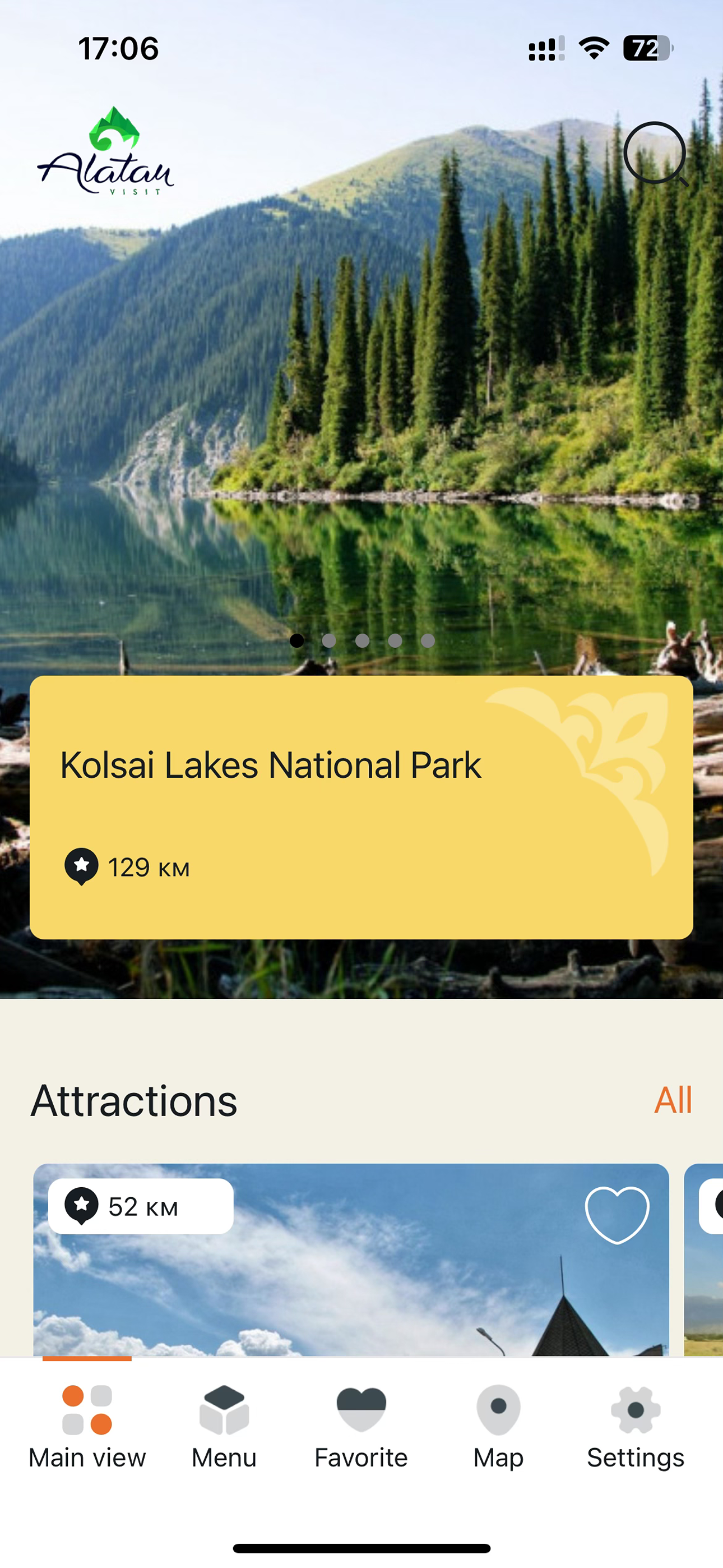 Main view — Kolsai Lakes National Park hero card with the Alatau brand mark and an Attractions list below