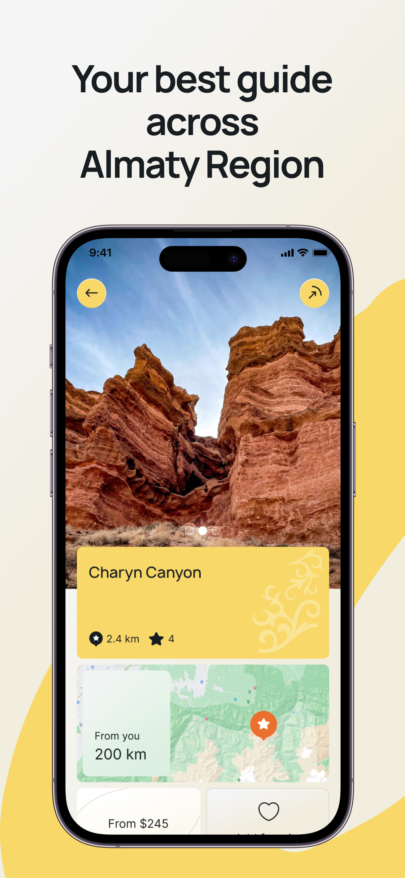 Almaty Region Travel — promotional image. iPhone displaying Charyn Canyon details with the tagline ‘Your best guide across Almaty Region’