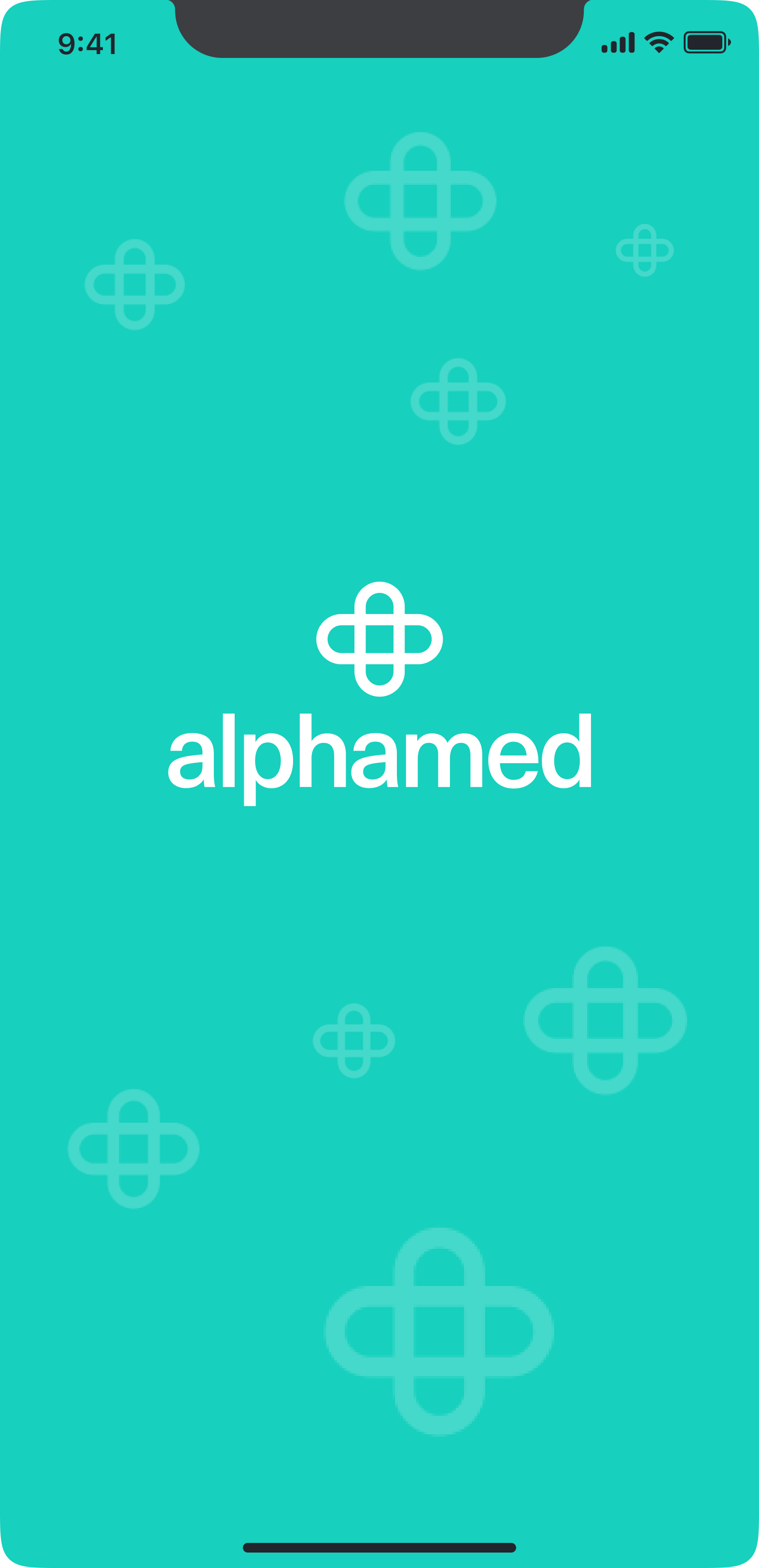 Alphamed splash screen — mint-teal background, white wordmark and pill/cross monogram with low-opacity logo pattern