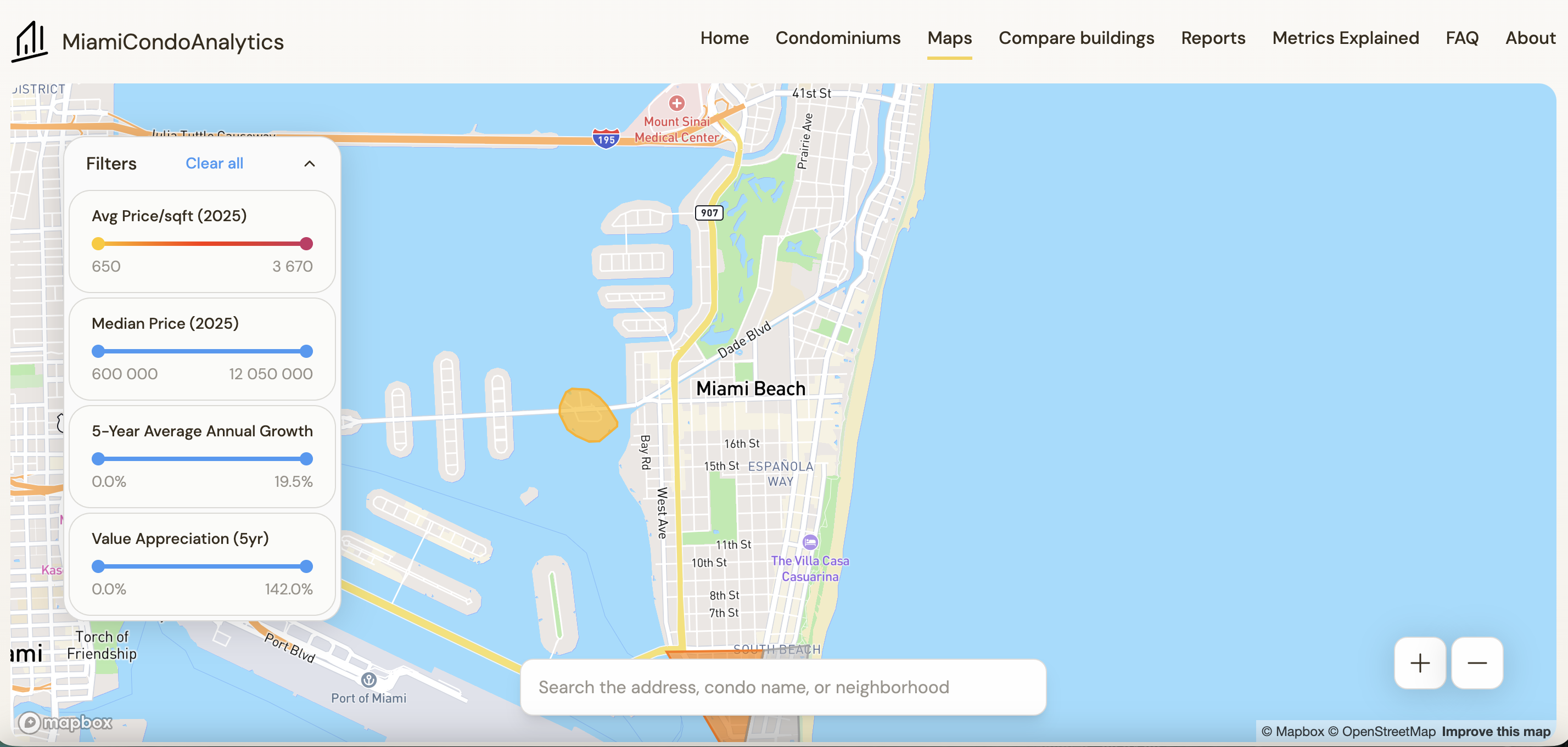 Miami Condo Analytics map view — interactive map of Miami Beach with a left-side filter panel (Avg price/sqft 2025, Median price 2025, 5-year average annual growth, Value appreciation 5yr) and a search bar overlaying the map