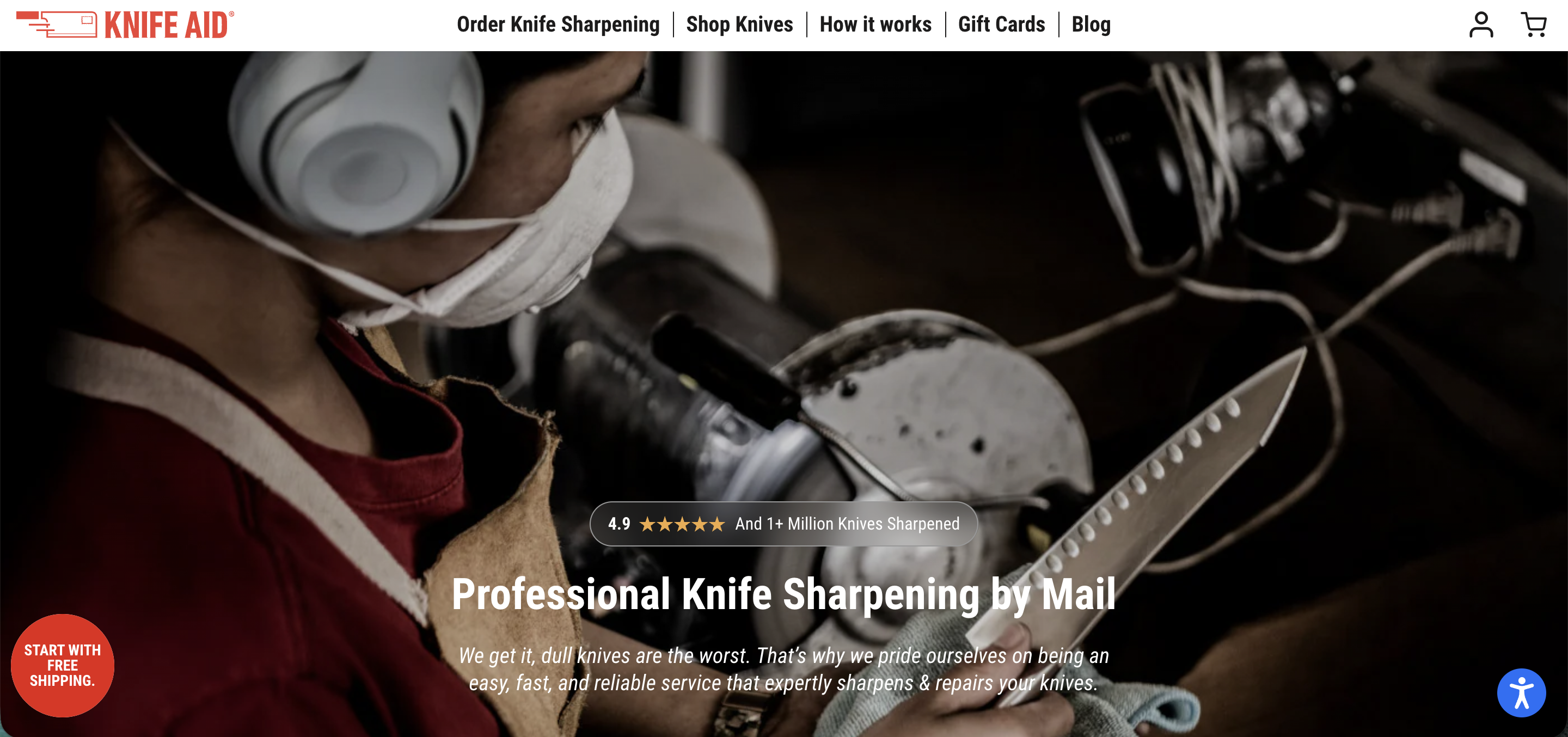Knife Aid homepage — Professional Knife Sharpening by Mail headline, sharpening artisan in PPE working a blade on a grinder, 4.9-star rating with 1+ million knives sharpened