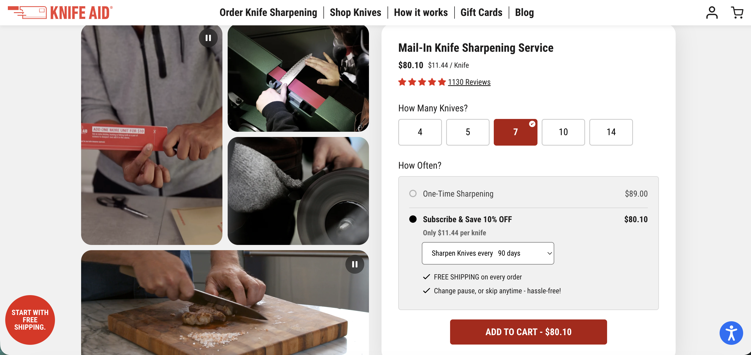 Mail-In Knife Sharpening Service order builder — knife-count selector (4, 5, 7, 10, 14), one-time vs Subscribe & Save 10% pricing tiers, frequency picker, dynamic price recalculation, Add to Cart button
