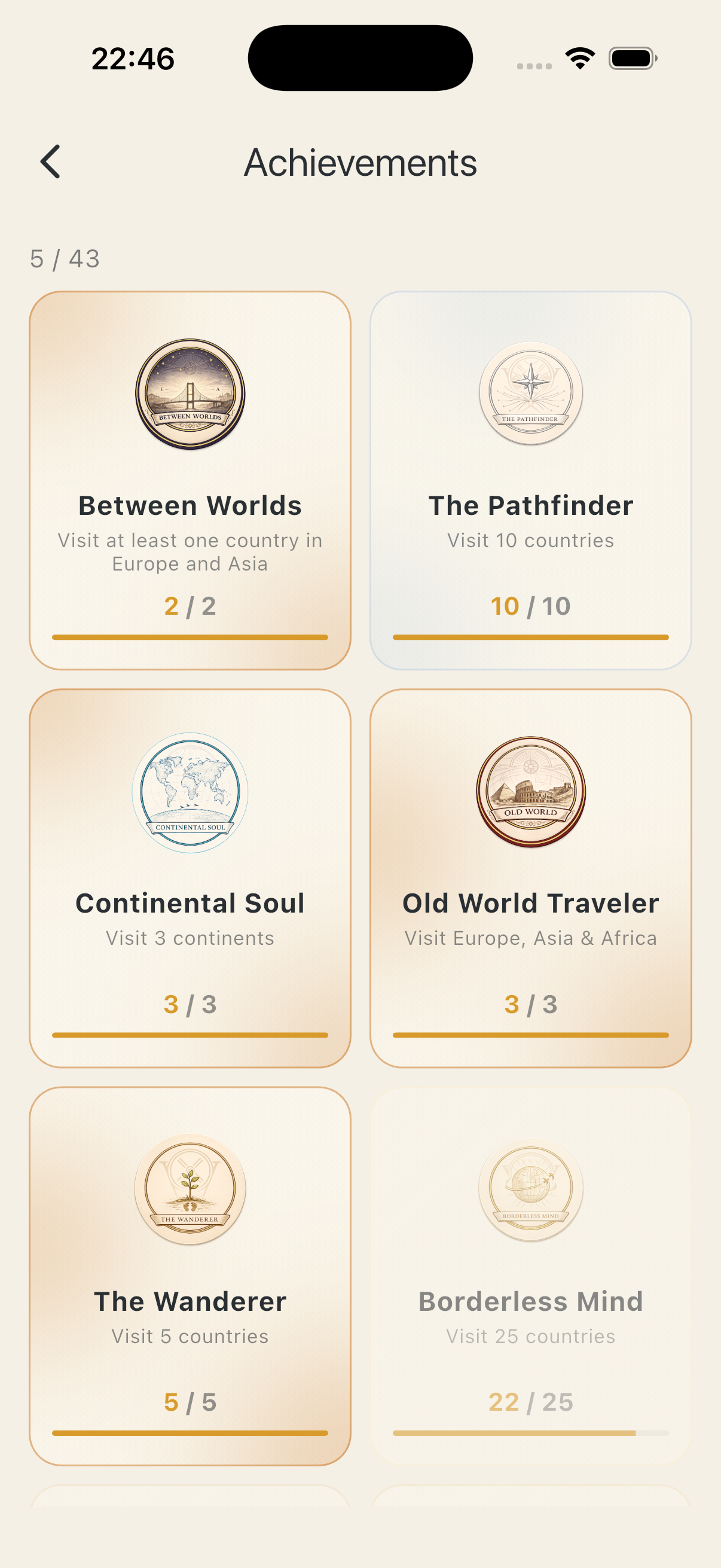NomadMap achievements grid — engraved medallion badges including Between Worlds, The Pathfinder, Continental Soul, Old World Traveler and The Wanderer, each with progress like 10/10 and 22/25