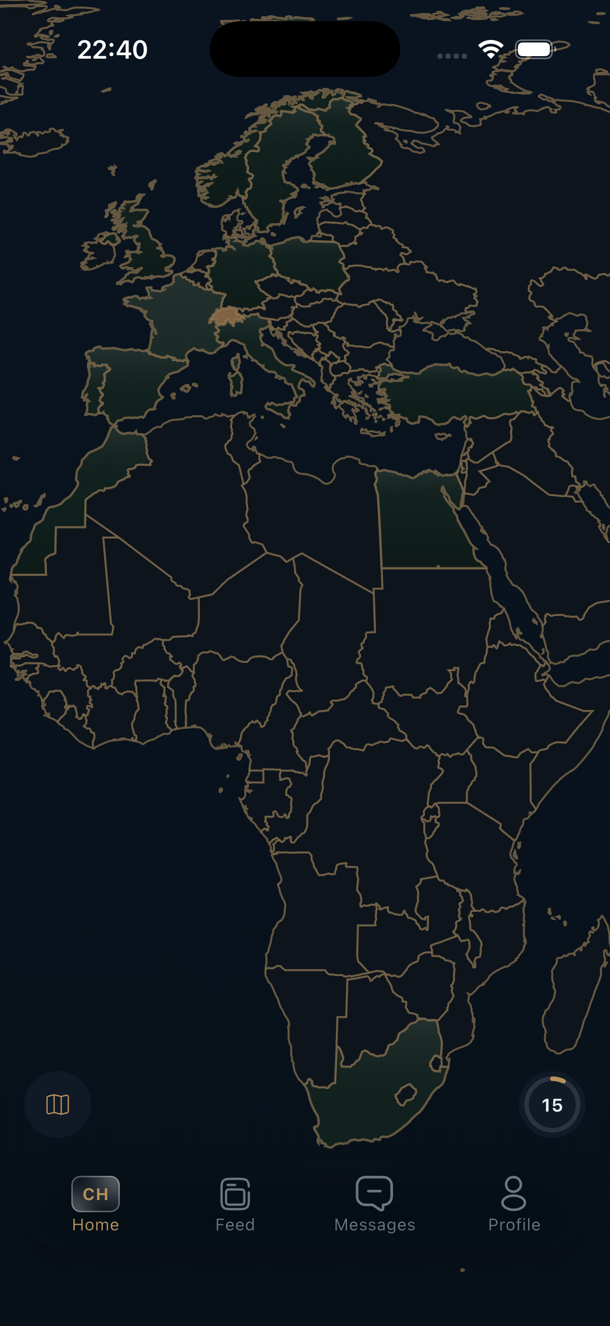 NomadMap Gold theme — leather-atlas world map of Europe and Africa with visited countries picked out in bronze-stamped panels, a 15-country counter, and the bottom navigation