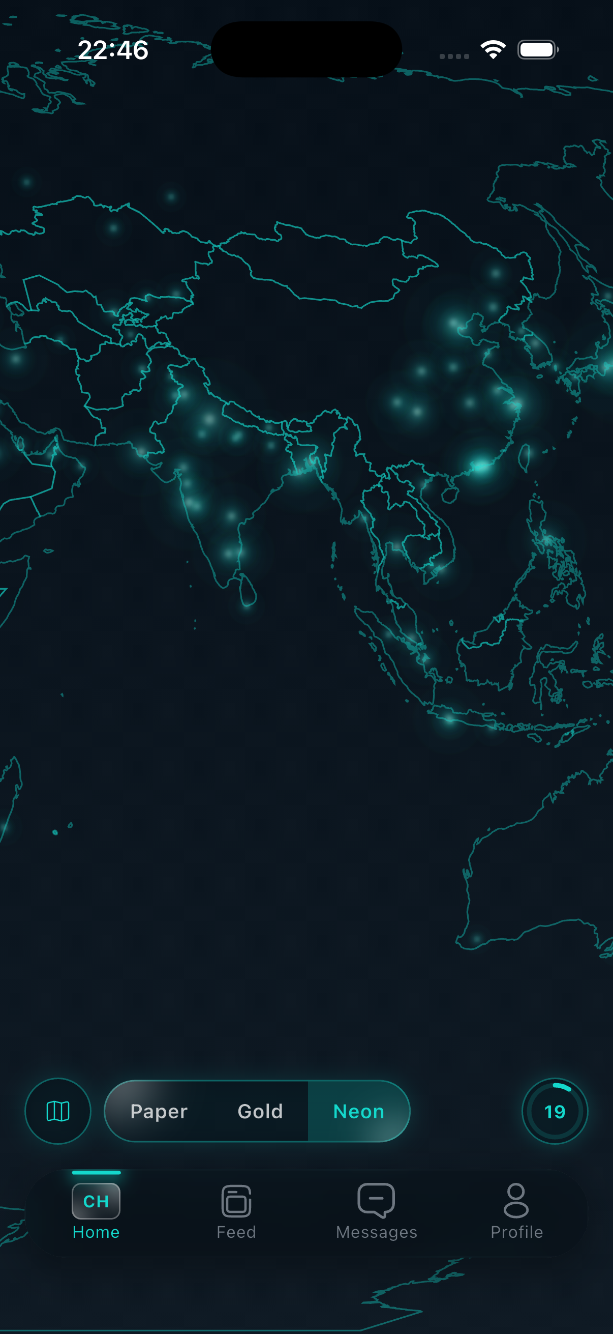 NomadMap Neon theme — a dark world map with visited countries glowing teal and sparkling city lights across Asia, and the Paper / Gold / Neon theme switcher