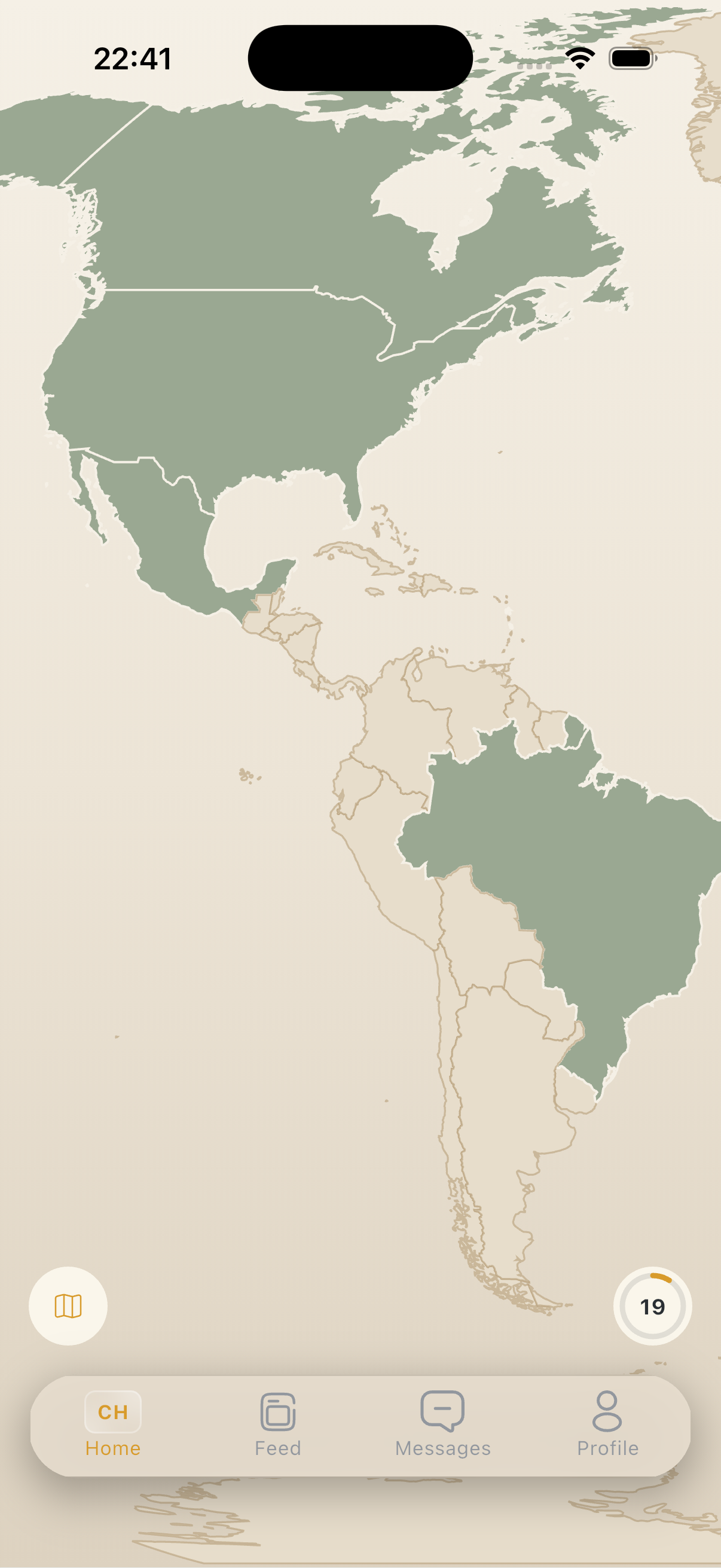 NomadMap Paper theme — warm ivory travel-journal map of the Americas with visited countries filled in sage green and a 19-country counter