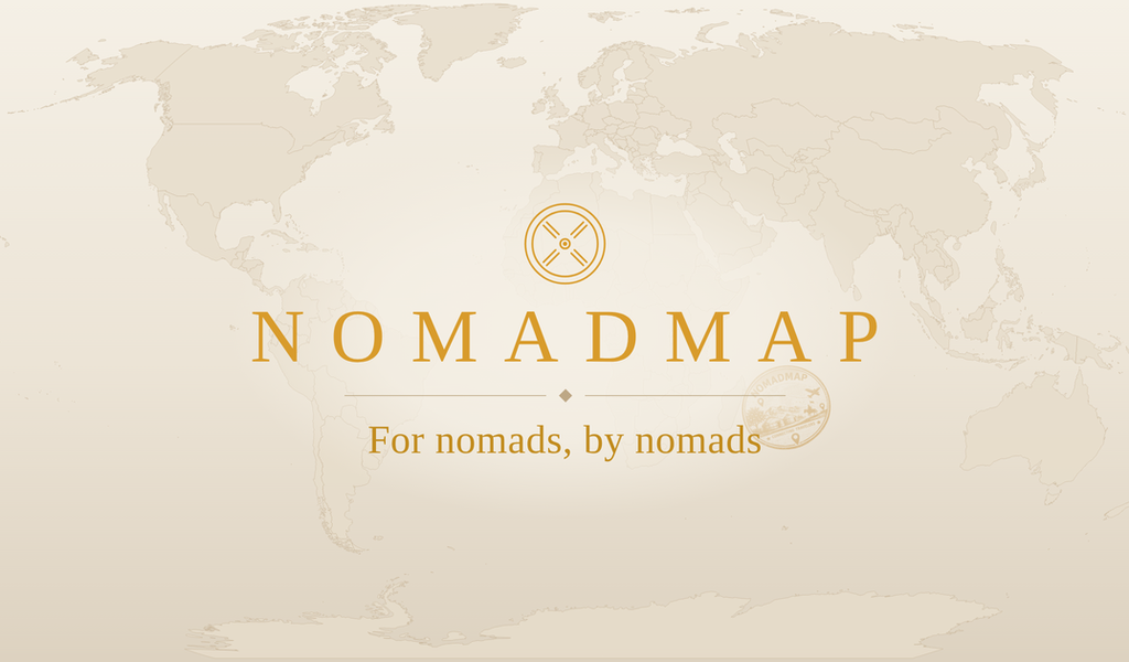 NomadMap brand banner — gold compass emblem and NOMADMAP wordmark with the tagline ‘For nomads, by nomads’ over a paper-toned world map with a passport stamp