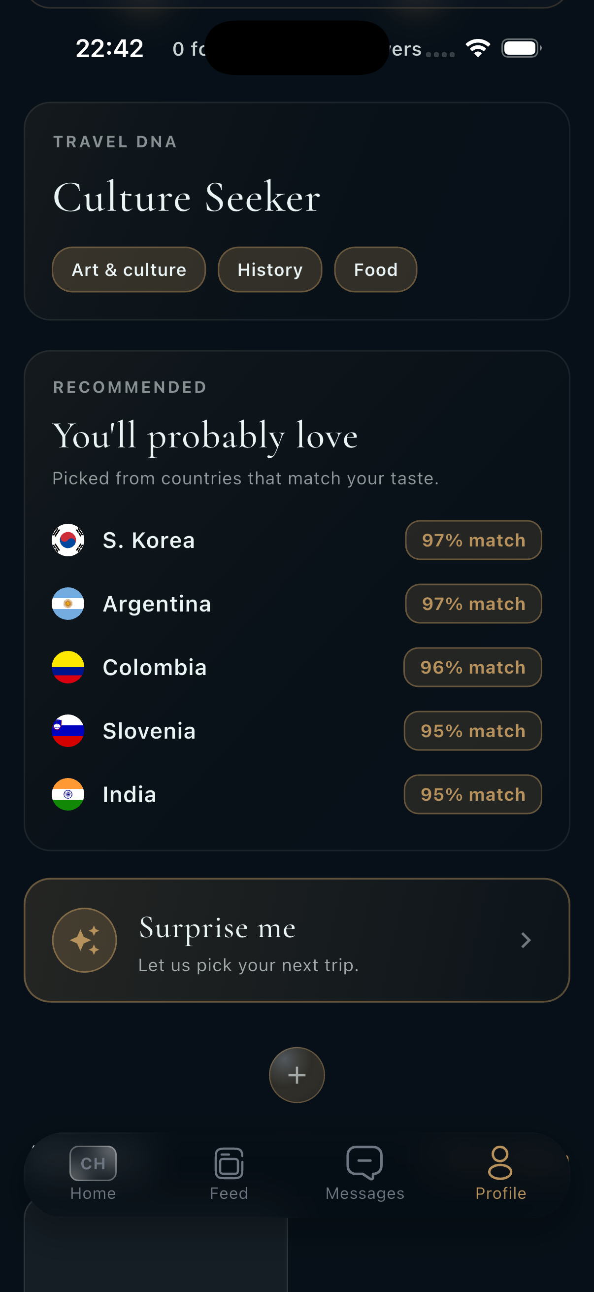 NomadMap profile — Travel DNA card reading ‘Culture Seeker’ with Art & culture, History and Food traits, and a ‘You'll probably love’ list recommending S. Korea, Argentina, Colombia, Slovenia and India with 95–97% match scores, plus a ‘Surprise me’ trip picker