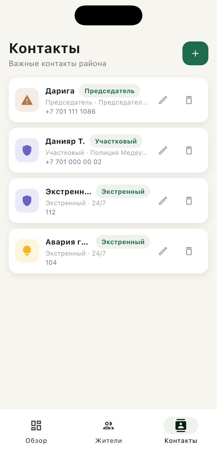 Korshi chairman app resident register — residents by street with their status and invite codes