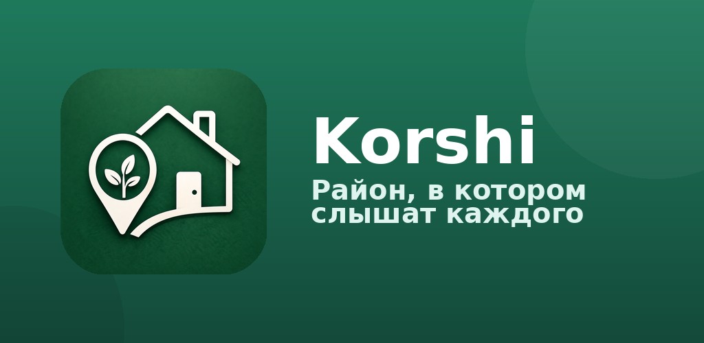 Korshi promo banner — the house-and-leaf mark with the tagline 'a neighbourhood where everyone is heard'